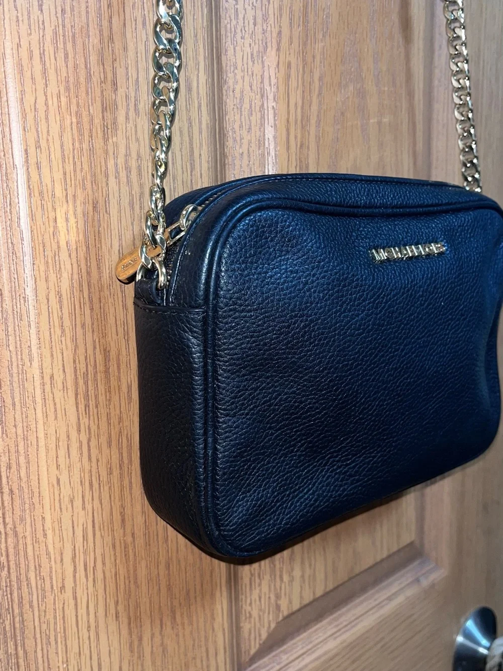 Michael Kors Black Pebbled Leather Crossbody with Gold Chain Strap